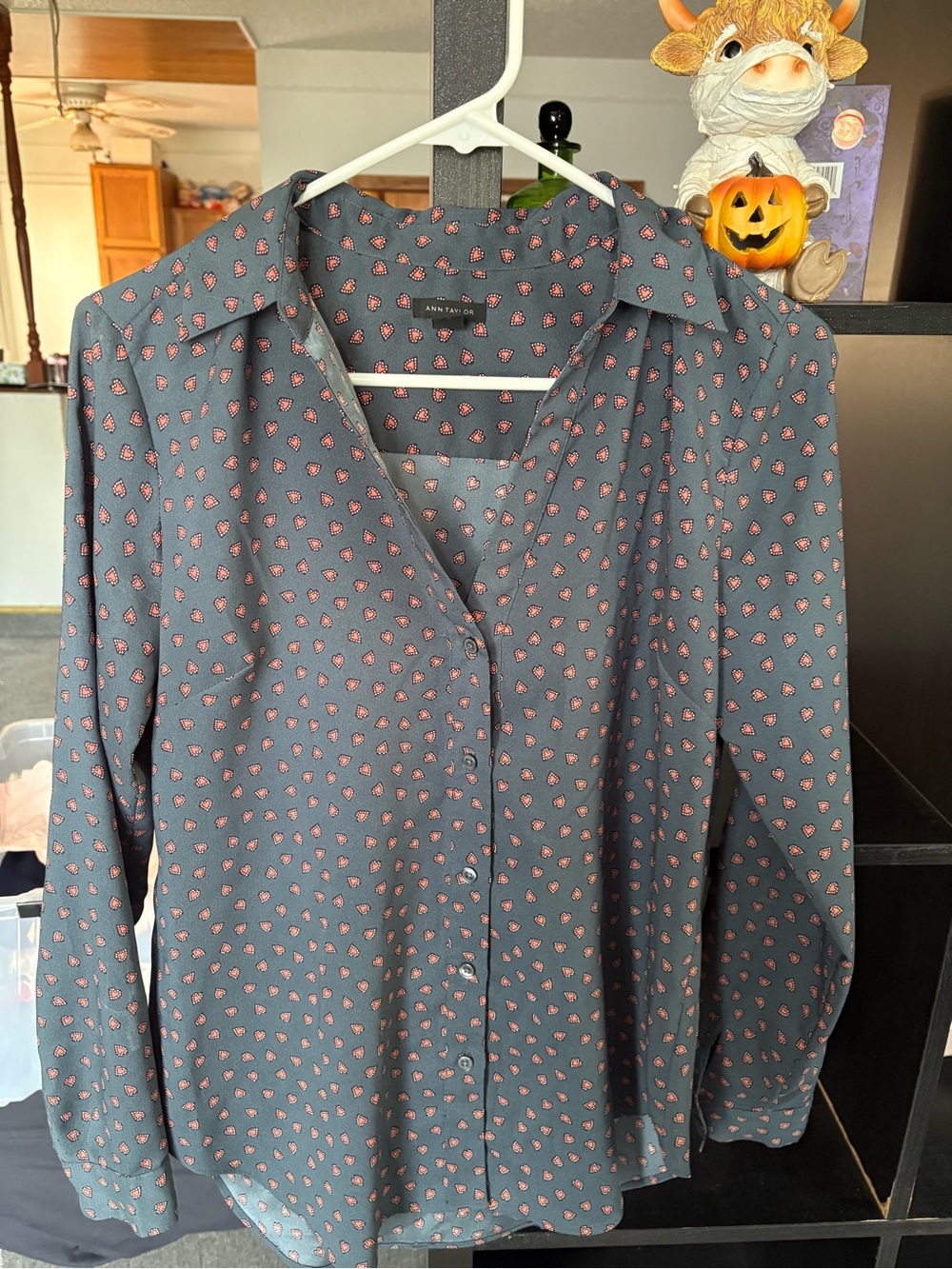 Ann Taylor Blue Gray Button-Down Blouse with Pink Floral Motif